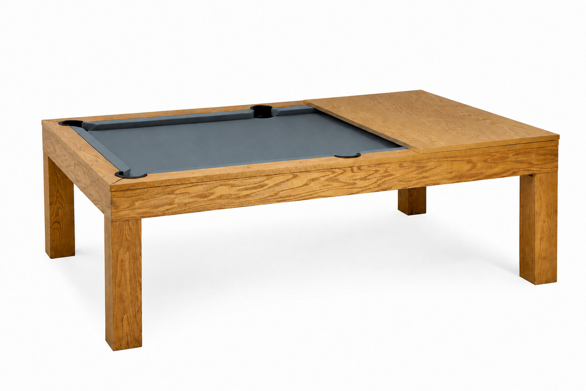 Billard américain Brando en chêne massif avec un panneau de plateau table, tapis gris
