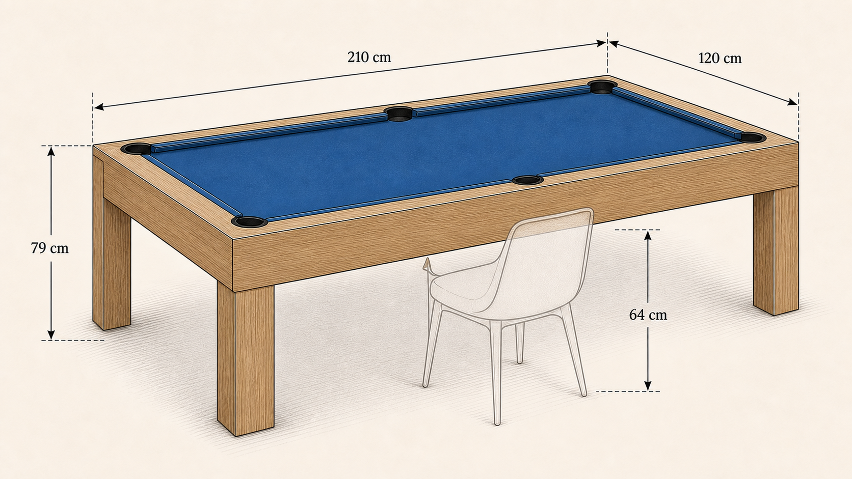 Schema des dimensions du billard convertible Brando avec passage jambes sous plateau Image