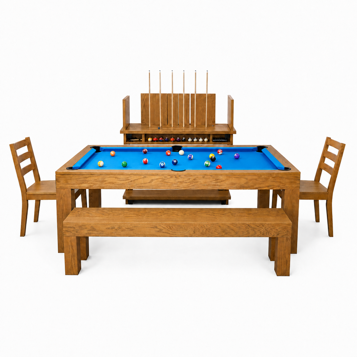 Kit complet Salle à Manger Brando, tapis bleu Tournament, cadrage intégral avec billard, deux chaises, deux bancs et support