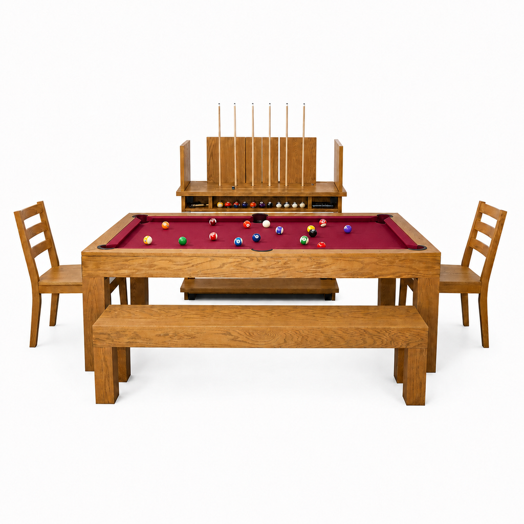Kit complet Salle à Manger Brando, tapis Burgundy rouge, cadrage intégral avec billard, deux chaises, deux bancs et support