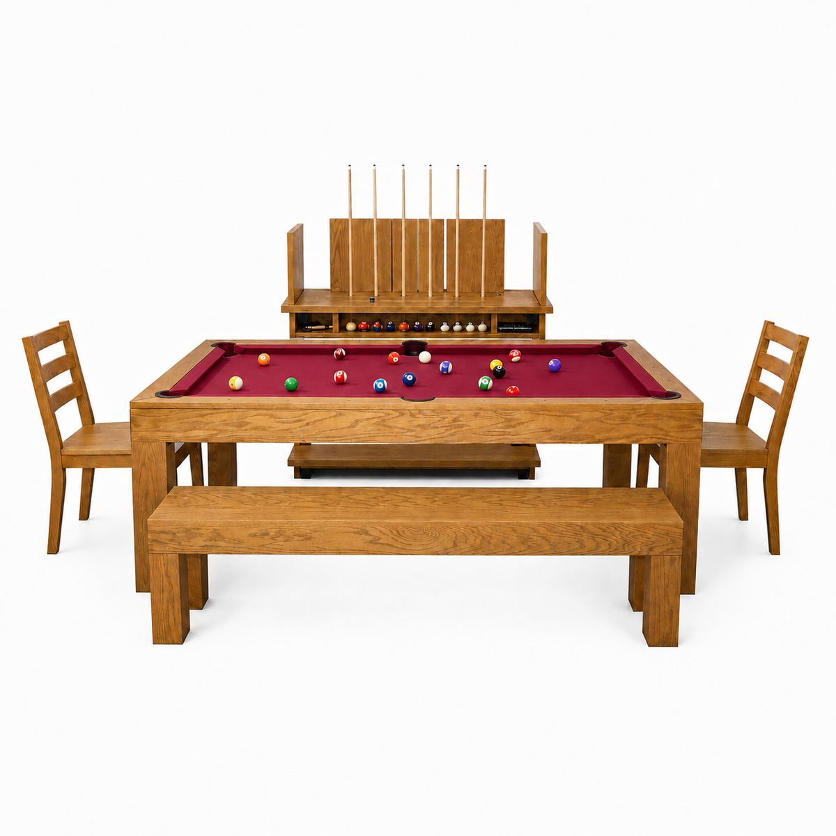 Kit complet Salle à Manger Brando, tapis Burgundy rouge, cadrage intégral avec billard, deux chaises, deux bancs et support