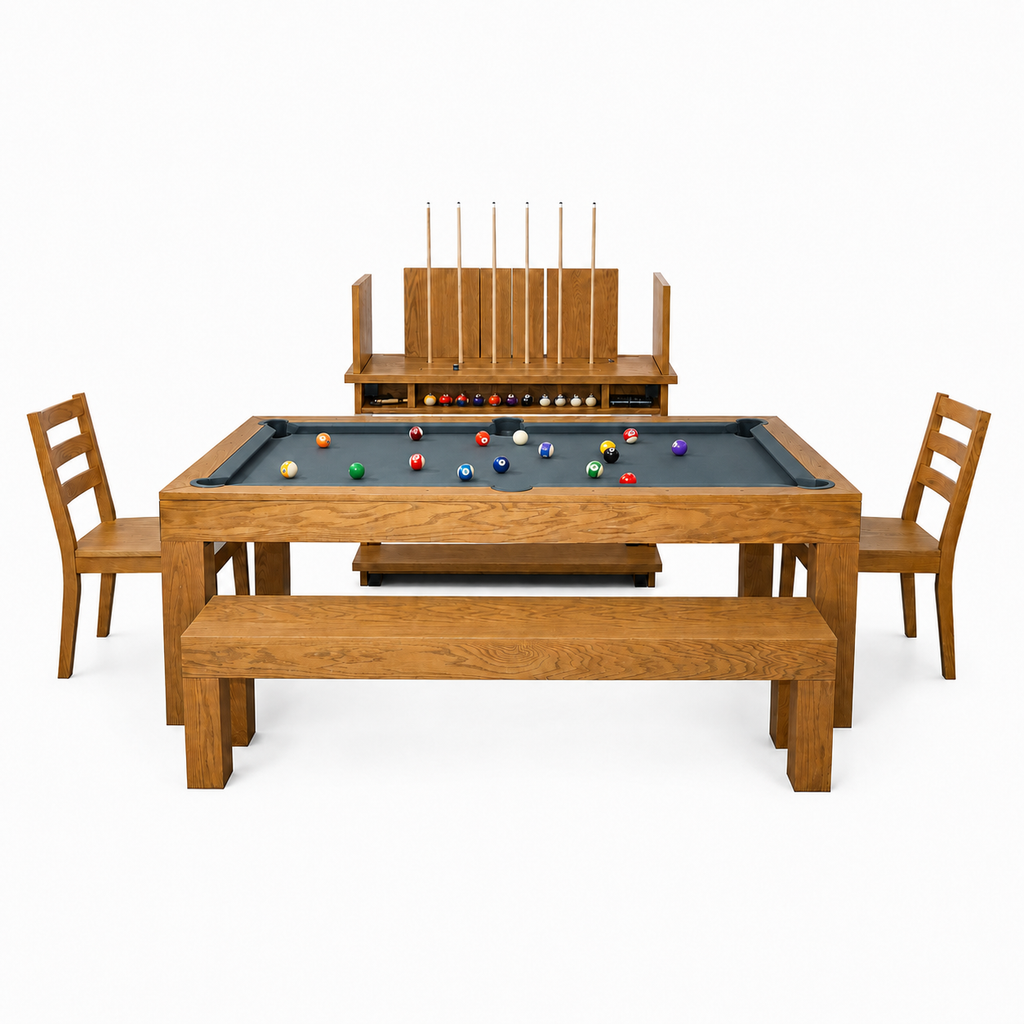 Kit complet Salle à Manger Brando, tapis gris ardoise uniforme sans artefact, avec billard, deux chaises, deux bancs et support