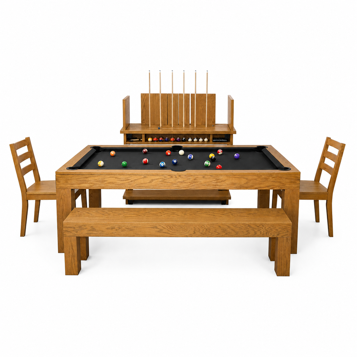 Kit complet Salle à Manger Brando, tapis noir, cadrage intégral avec billard, deux chaises, deux bancs et support