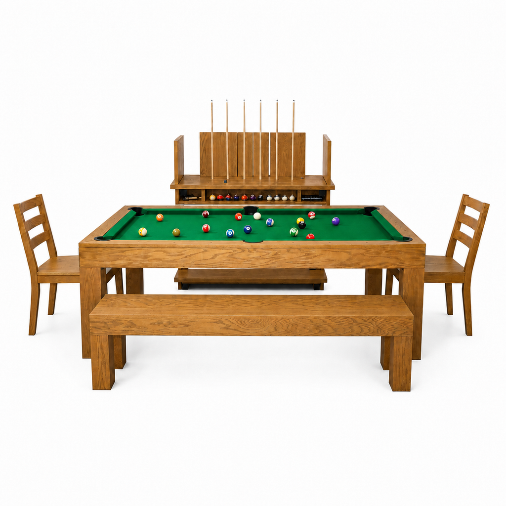 Kit complet Salle à Manger Brando, tapis vert, cadrage intégral avec billard, deux chaises, deux bancs et support