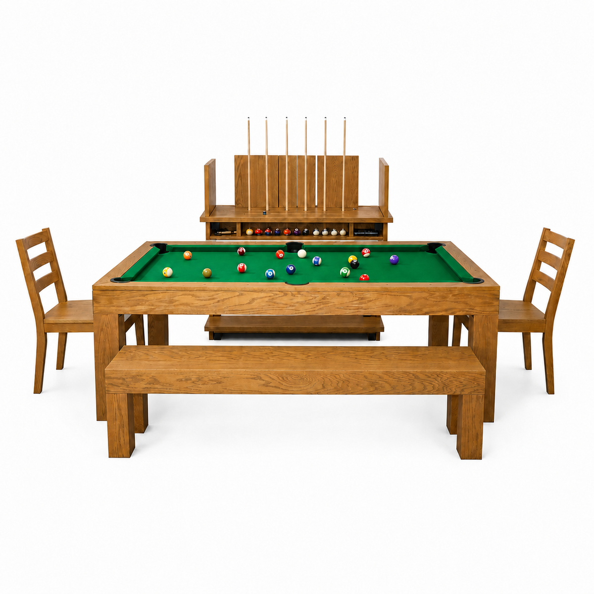 Kit complet Salle à Manger Brando, tapis vert, cadrage intégral avec billard, deux chaises, deux bancs et support